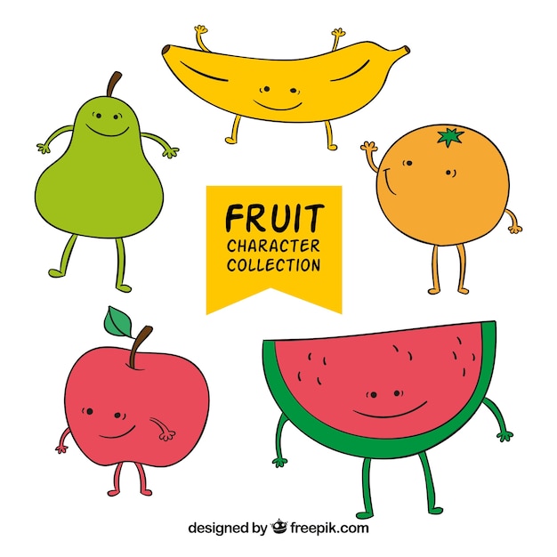 Симпатичные рисованные персонажи коллекции фруктов