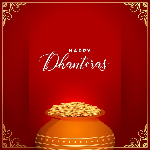 Free vector nice happy dhanteras greeting background with gold coin in pot