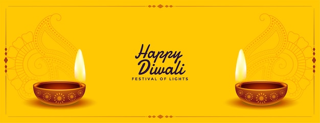 Free vector nice happy diwali yellow banner with realistic diya