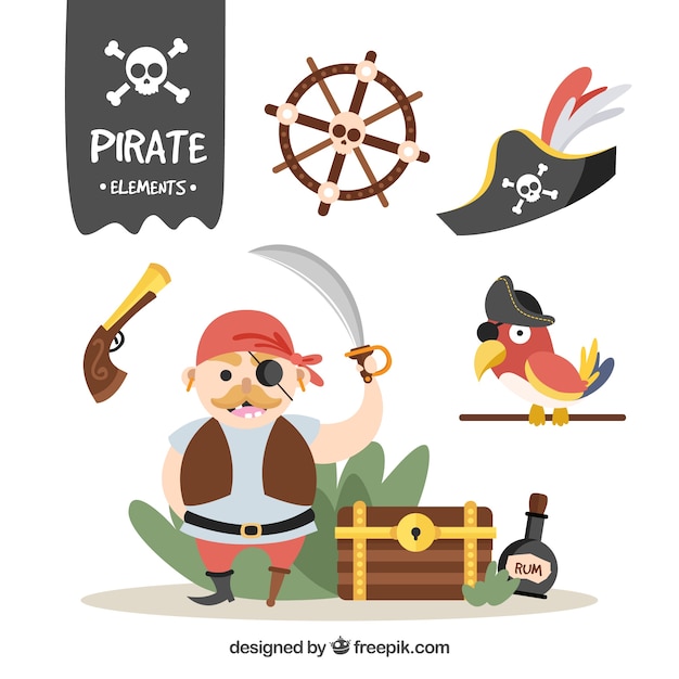 Free vector nice pirate character and other elements