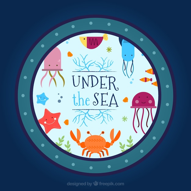 Free vector nice sea animals under the sea background