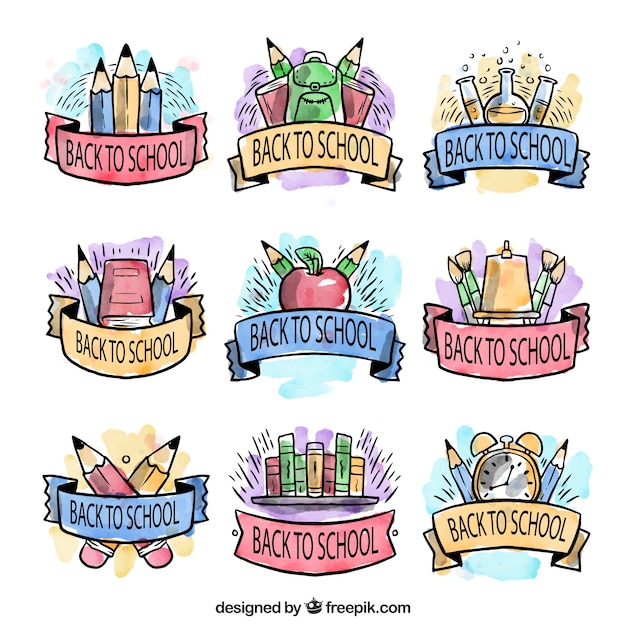 Free vector nice selection of labels painted with watercolors for back to school