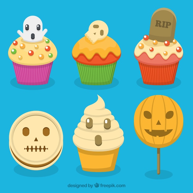 Vettore gratuito bel set di halloween cupcakes