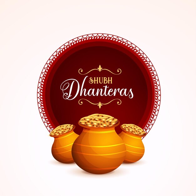 Красивый поздравительный плакат shubh dhanteras с дизайном горшка с золотыми монетами