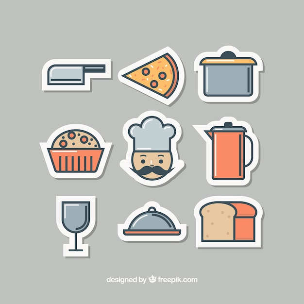 Free vector nice stickers for kitchen objects and chef