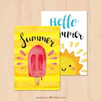 Free vector nice summer cards with ice cream and watercolor sun