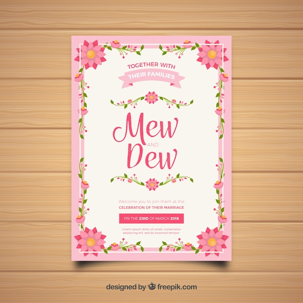 Nice wedding invitation in flat design with a pink frame