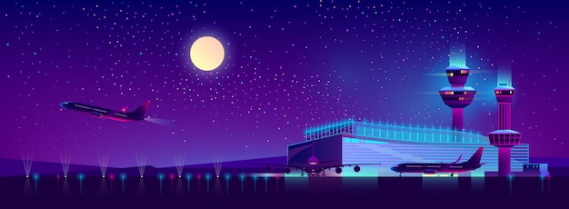 Night airport in ultraviolet colors, background