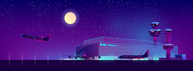 Night airport in ultraviolet colors, background