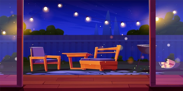 Бесплатное векторное изображение Ночной двор с садовой мебелью. векторная мультяшная иллюстрация патио дома со стеклянной дверью, деревянный стол и кресла, гриль-барбекю и куча дров на земле, гирлянда, освещающая звездное небо