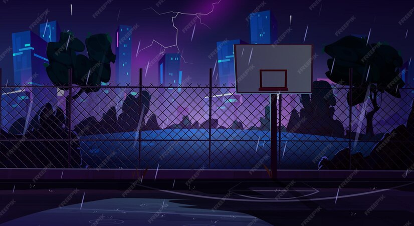 雨天の夜のバスケットボールコート屋外スポーツ活動のための暗い遊び場に水たまりのベクトル漫画イラスト降雨が大都市の建物の上の空に稲妻を注ぐ