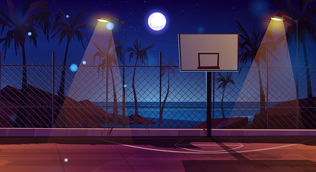 Ночная баскетбольная площадка на берегу моря Векторная мультфильмная иллюстрация темной игровой площадки для спортивных занятий на открытом воздухе, освещенной уличными фонарями морской пляж с скалистыми камнями луна и звезды, светящиеся в небе