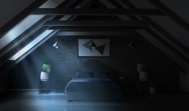 屋根裏部屋、空の月光インテリアの夜の寝室