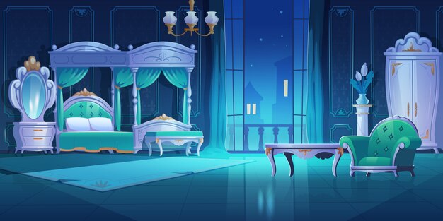 Free vector night bedroom, baroque style interior, vintage room with luxury furniture bed with canopy, lamp, wardrobe, mirror, table and armchair, dark apartment with open balcony door cartoon illustration