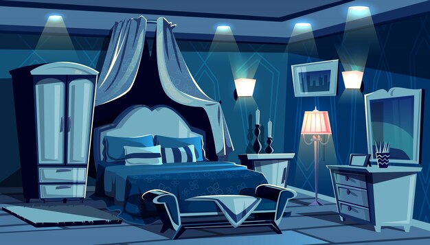 Night bedroom with lamps light illumination illustration. Vintage or modern comfortable cozy 