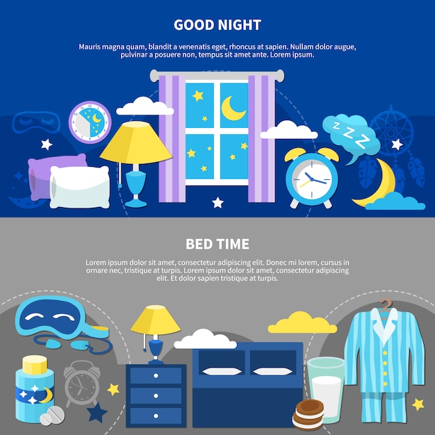 Free vector night bedtime 2 flat banners