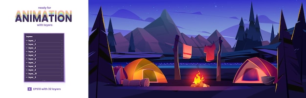 강 연안의 텐트 캠프파이어와 관광 캠핑 물건이 있는 야간 캠프와 게임 애니메이션을 위한 바위 층 여행자는 자연 풍경 만화 벡터 시차 배경에서 옷을 말리고 정지합니다.