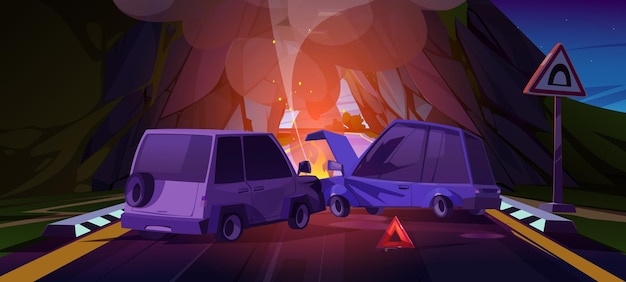 Free vector night car crash on mountain tunnel road vector cartoon illustration of two autos collision on highway fire and smoke above damaged hoods road accident traffic rules violation drunk driving