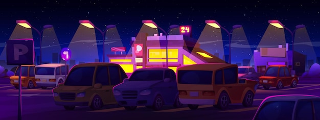 Night car parking on cityscape background