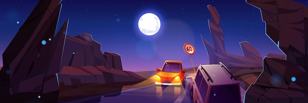 Vettore gratuito traffico stradale automobilistico notturno nell'illustrazione del canyon