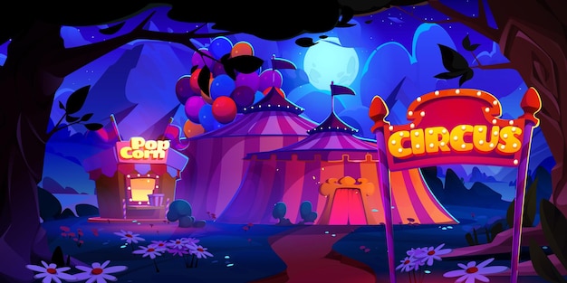 Free vector night carnival park entrance with circus amusement