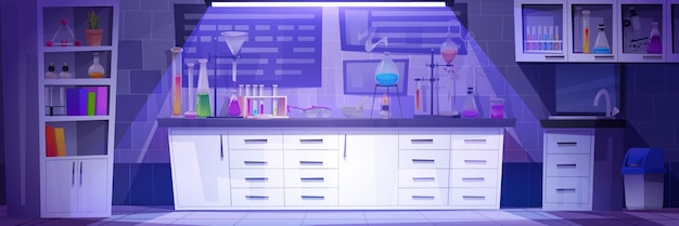 Free vector night chemical laboratory interior with equipment vector cartoon illustration of dark lab room with furniture and tools colorful fluid in flasks test tubes beakers protective glasses on desk
