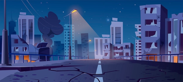 Free vector night city destroy in war zone, abandoned buildings and bridge with smoke and creepy glow.