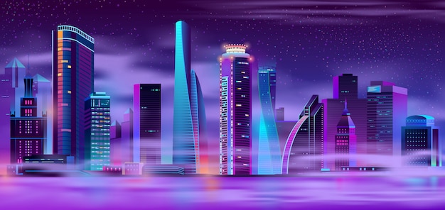 Free vector night city in fog urban background