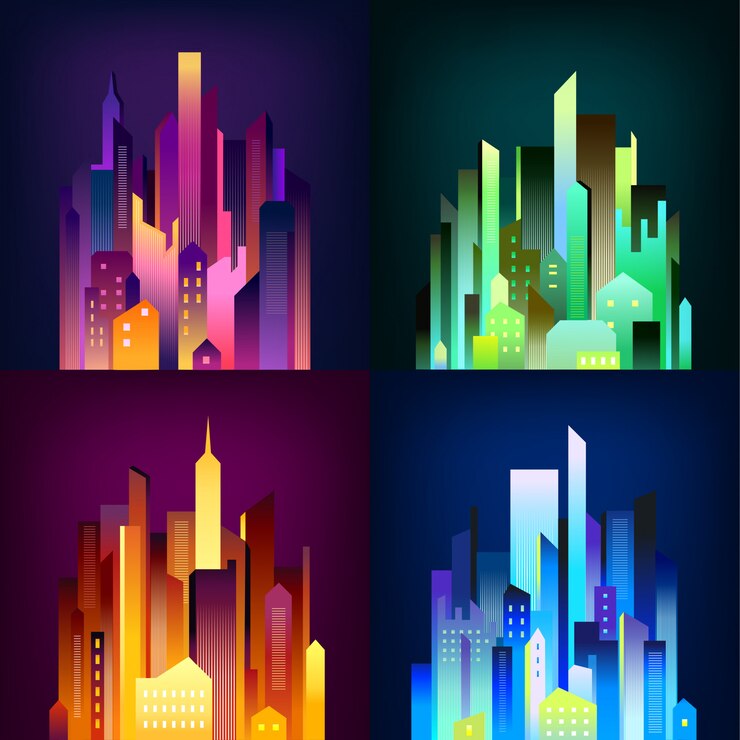 Free Vector night city  illuminated 4 icons poster 