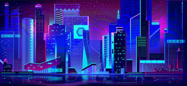 Бесплатное векторное изображение Ночной город в неоновых огнях. футуристическая архитектура