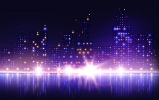 Free vector night city lights composition with river embankment illustration