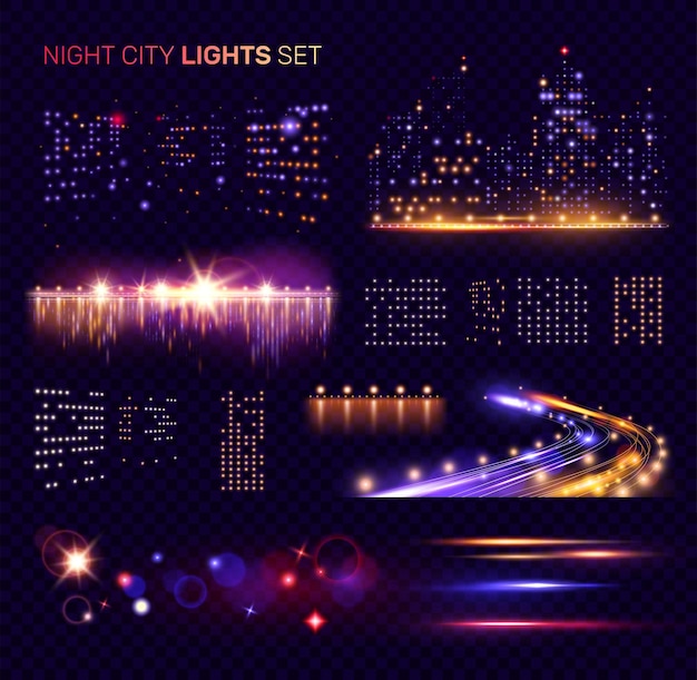 야간 도시의 불빛은 반사 벡터 삽화가 있는 고속도로 자동차 헤드라이트 산책로와 다리가 있는 투명한 배경에 설정되어 있습니다.