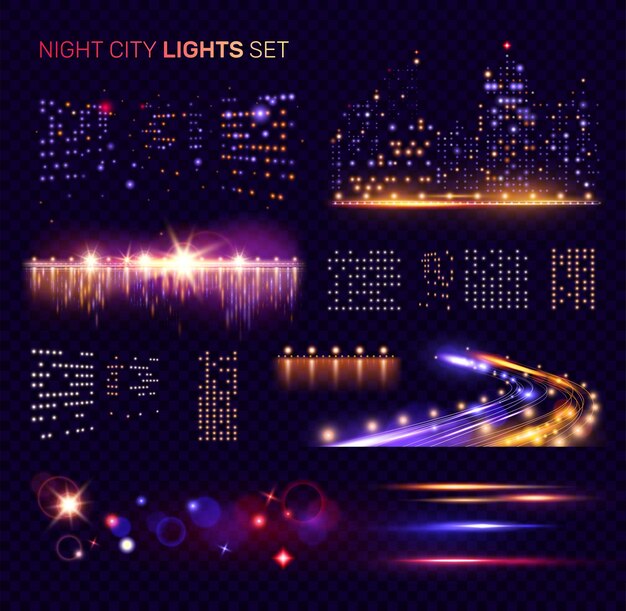 Night city lights set on transparent background with speedway car headlight trails and bridges with reflections vector illustration