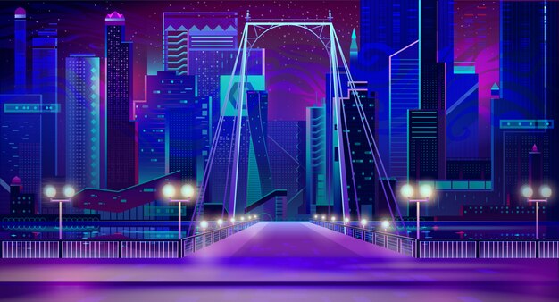 Night city neon lights, bridge entry, quay, lamps