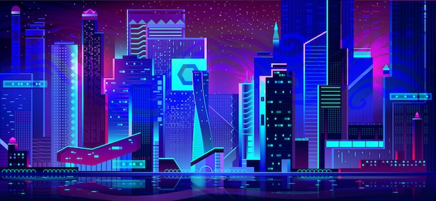 Città di notte in luci al neon. architettura futuristica