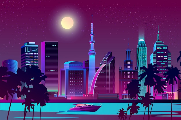 Night city on river, tropical megapolis