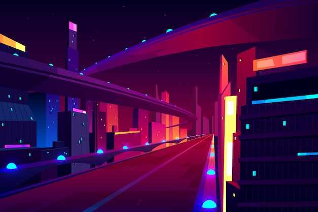 Free vector night city road, empty streetscape freeway, speed two-lane highway, overpass or bridge in metropolis.