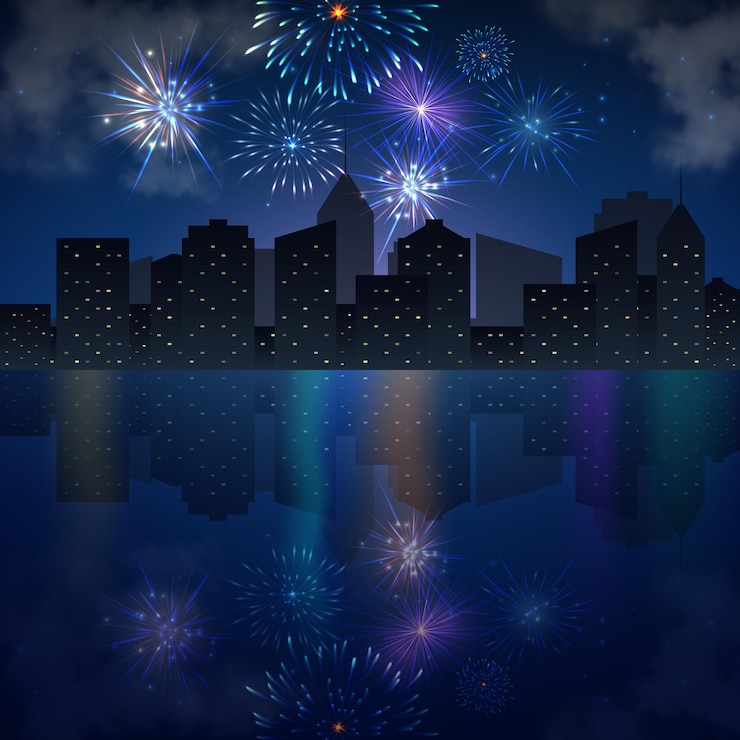 Free Vector night city skyline with river and fireworks.