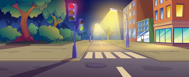 Night city street with road crossing and park