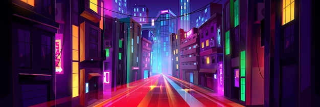 Free vector night city street with traffic speed effect vector cartoon illustration of futuristic metaverse city district illuminated skyscrapers and colorful signboards car light traces from fast motion