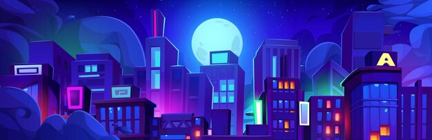 Night city with full moon in starry sky