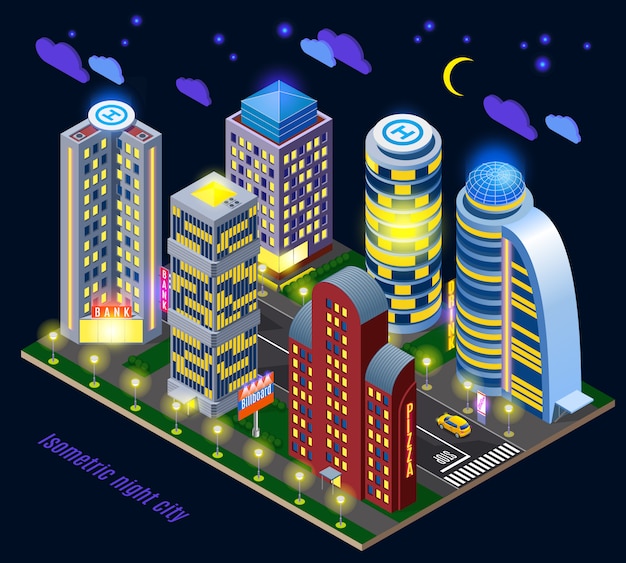 Free vector night city with illuminated tall buildings and road