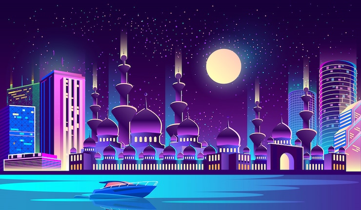 Free Vector night city with muslim mosque, skyscrapers.