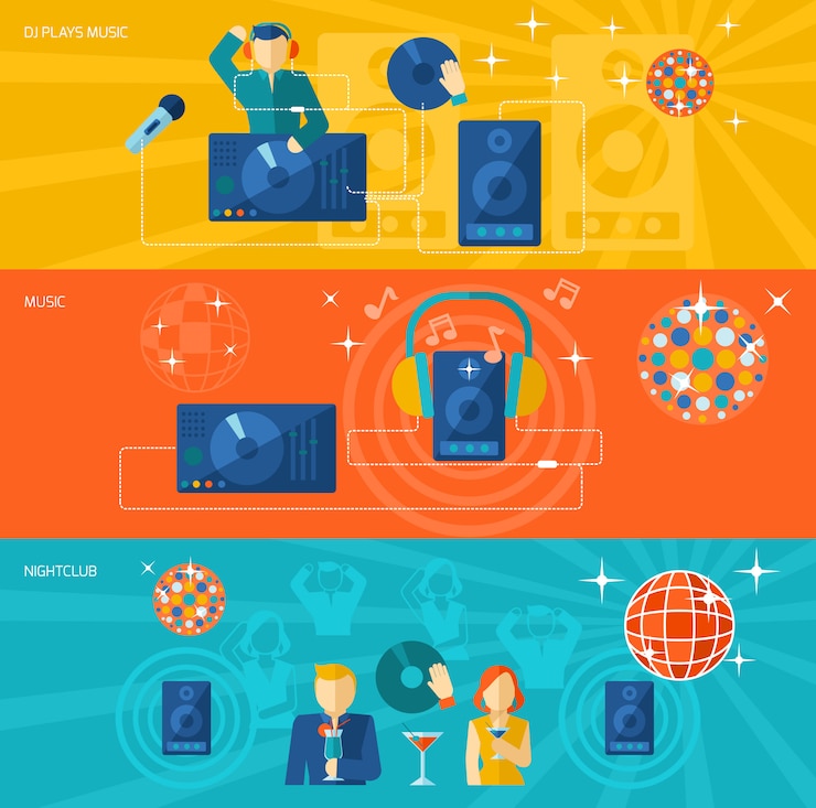 Free Vector night club banner set with characters and elements composition