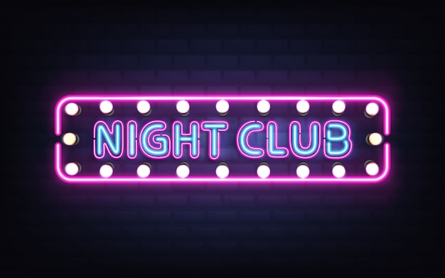 Night club, disco bar or pub glowing bright neon light, retro signboard on brick wall 3d realistic vector with blue letters, white bulb lamps and violet, pink fluorescent illumination