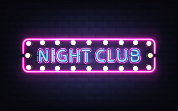 Ночной клуб, диско-бар или паб, светящийся ярким неоновым светом, ретро вывеска на кирпичной стене 3d реалистичный вектор с синими буквами, лампами белого света и фиолетовым, розовым флуоресцентным освещением