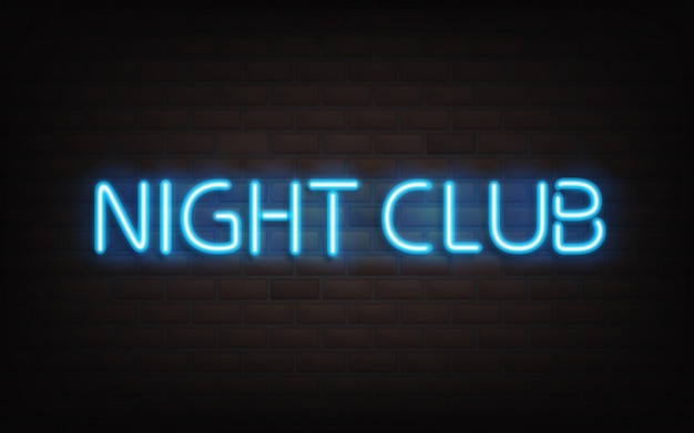 Night club neon lettering on dark brick wall background.