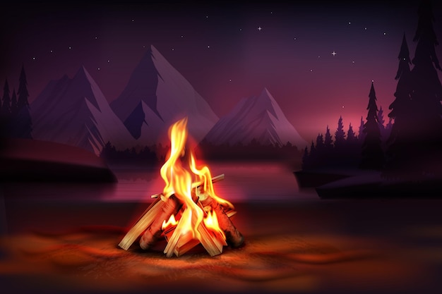 Free vector night composition with burning campfire illustration