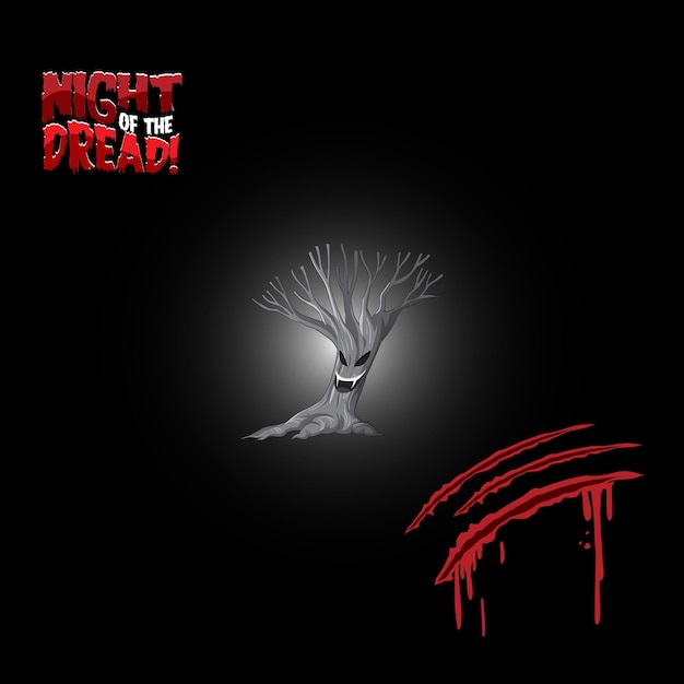 Free vector night of the dread word logo with creepy tree and bloody scratch