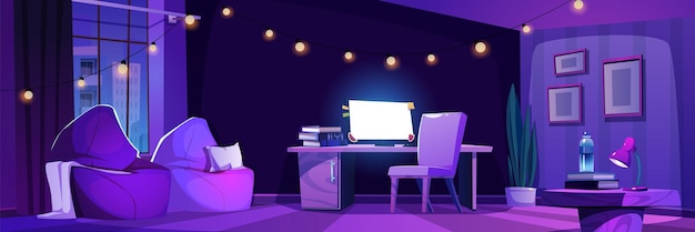 無料ベクター 夜の空のホーム オフィス ルーム インテリア漫画のベクトルの背景椅子と肘掛け椅子の家具の近くのテーブルにコンピューター画面が光る現代のワークスペースとガーランドを持つ濃い紫色のパノラマ アパートメント
